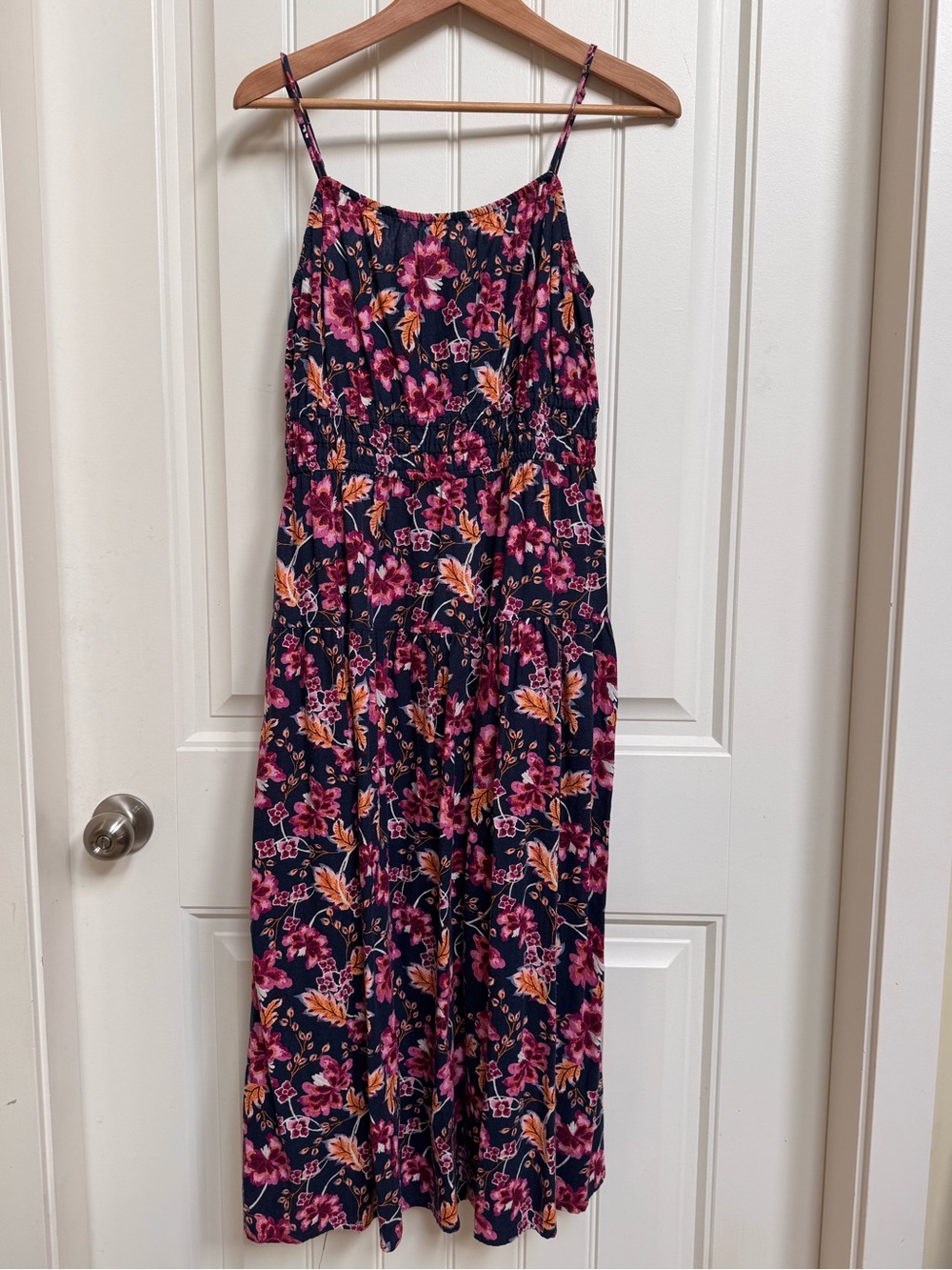 Old Navy Pink & Navy Linen Blend Floral Cami Smocked Sundress with Pockets. M